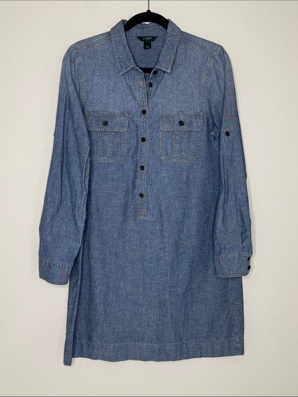 J. Crew Blue Chambray Long Tab Sleeve Shirt Dress Classic Casual Preppy M
